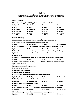 Đề thi tuyển sinh Cao đẳng Sư phạm Hà Nội môn Tiếng Anh năm 2005